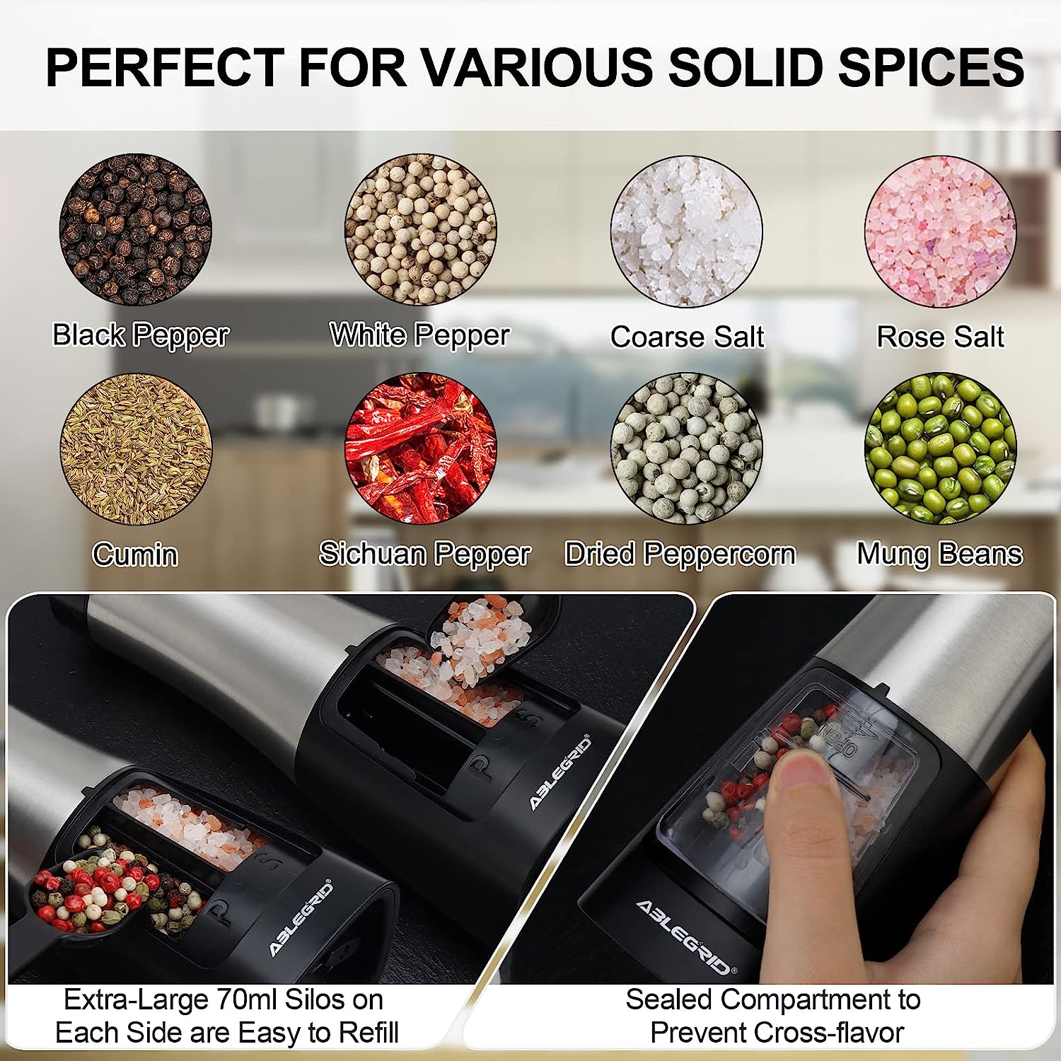ABLEGRID Electric Salt and Pepper Grinder 2 in 1 Battery Powered, Pepper Mill & Salt Grinder Refillable, Adjustable Coarseness, 2-Button Control, Ceramic Grinding Core, One-handed Operation