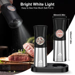 ABLEGRID Electric Salt and Pepper Grinder Set, Gravity Rechargeable Automatic Salt & Pepper Mill Grinders Refillable, Coarseness Adjustable, with Charging Base, LED Light, Dust Cap, 2 Pack