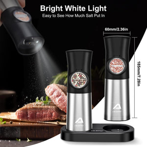 ABLEGRID Electric Salt and Pepper Grinder Set, Gravity Rechargeable Automatic Salt & Pepper Mill Grinders Refillable, Coarseness Adjustable, with Charging Base, LED Light, Dust Cap, 2 Pack