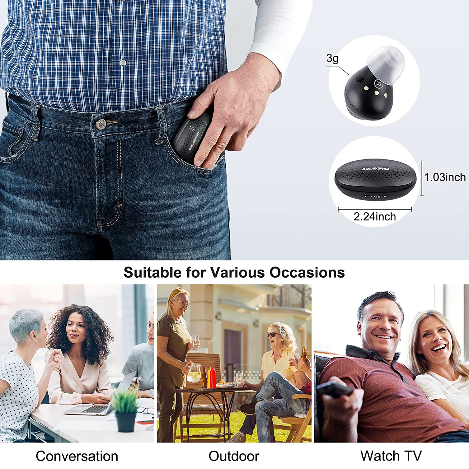 Hearing Aids, Digital Hearing Aids for Seniors, ABLEGRID Nano Hearing Amplifier Rechargeable with Noise Cancelling, OTC Hearing Aid for Adults, Auto On/Off, 48H Working, Touch Control, 4 Modes, 6 Volumes