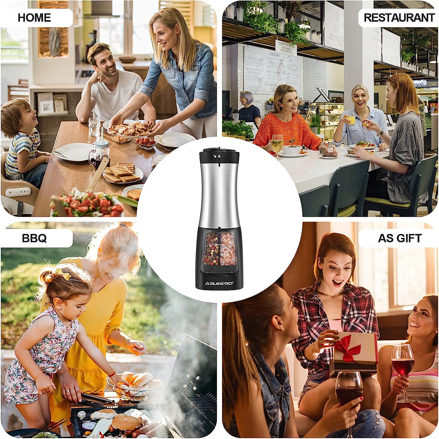 ABLEGRID Electric Salt and Pepper Grinder 2 in 1 Battery Powered, Pepper Mill & Salt Grinder Refillable, Adjustable Coarseness, 2-Button Control, Ceramic Grinding Core, One-handed Operation