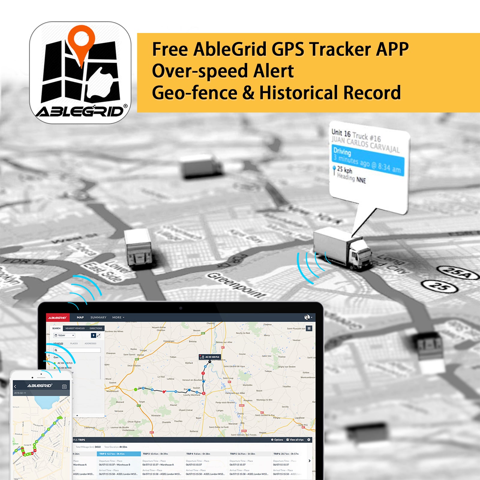 Ablegrid® AB Series GPS Tracker for Vehicles, Real-time GPS Tracking Device Small Hidden GPS Locator for Vehicle, Car, Personal w/ Global SIM Card
