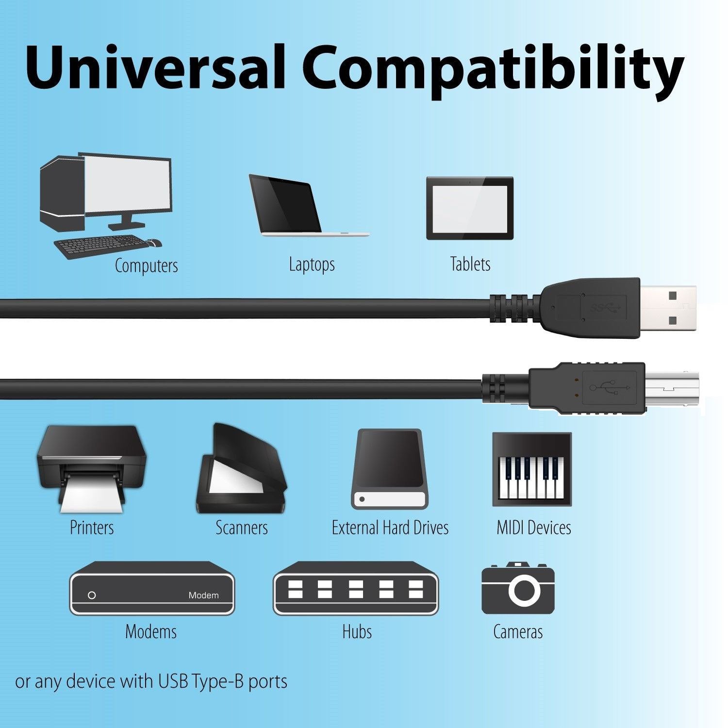 AbleGrid Black 6ft Printer USB 2.0 Cable Cord Transfer PC A to B Male Device Compatible with HP Jet Pro 4001dwe Wireless Printer