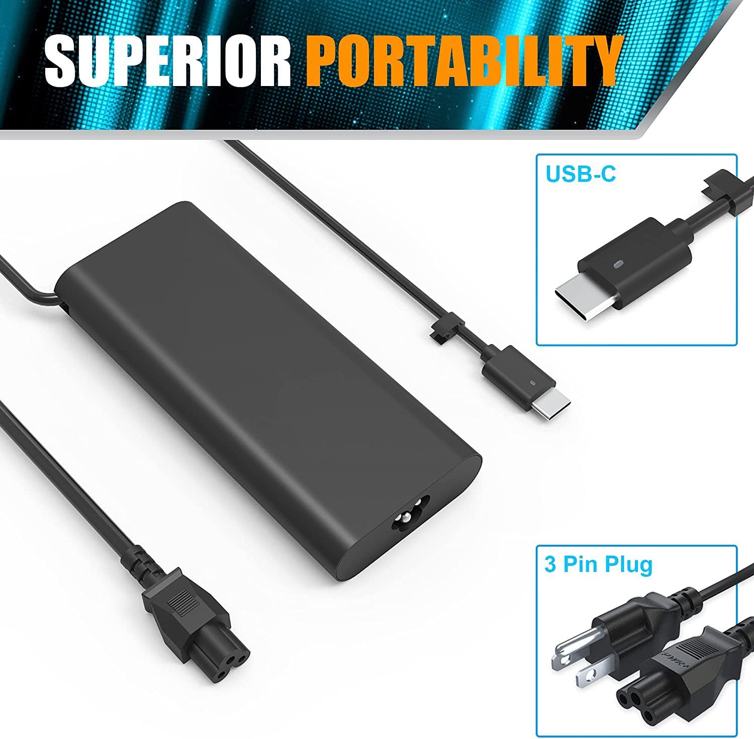 Cargador adaptador USB C AbleGrid de 130 W compatible con Dell XPS 15 7590 9530 9550 9500, cable de alimentación 2 en 1