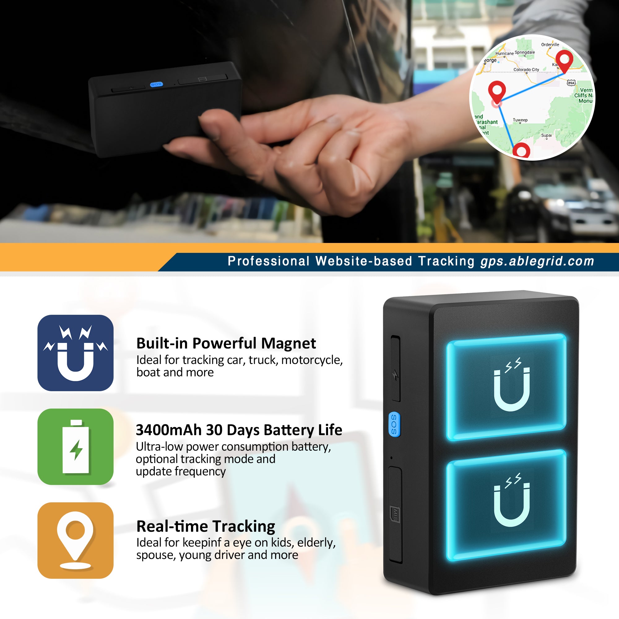 ABLEGRID 車両追跡用 GPS トラッカー 30 日間バッテリー AT&amp;T 認定追跡デバイス